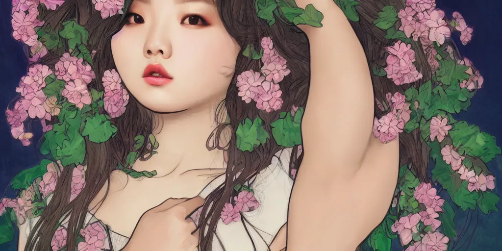 Prompt: a portrait of a very seductive Jennie Kim Blackpink, hair full of flowers, photoillustration, realistic, closeup, facing the camera, dramatic lighting, in the style of WLOP and Alphonse Mucha and Kim Deuk-sin