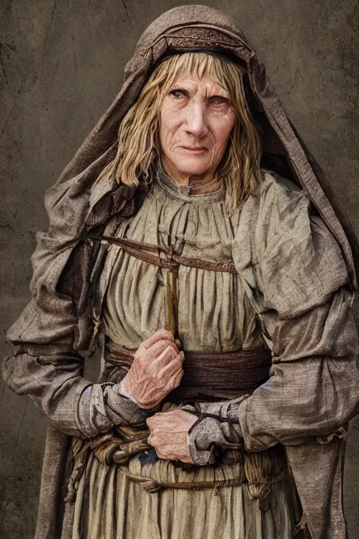 Prompt: middle aged, exhausted village woman in medieval clothing, highly detailed, trending on artstation