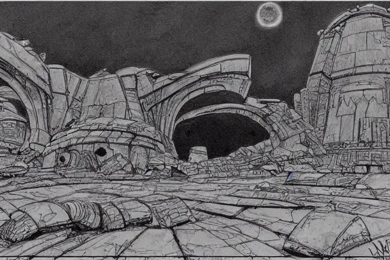 Prompt: ancient martian ruin concept sketch by joe johnston and nilo rodis - jamero and ralph mcquarrie and norman reynolds