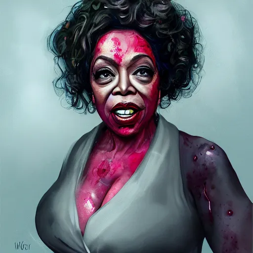 Image similar to a zombie Oprah Winfrey, by WLOP, horror, wounds, bloody, dark fantasy, trending on artstation