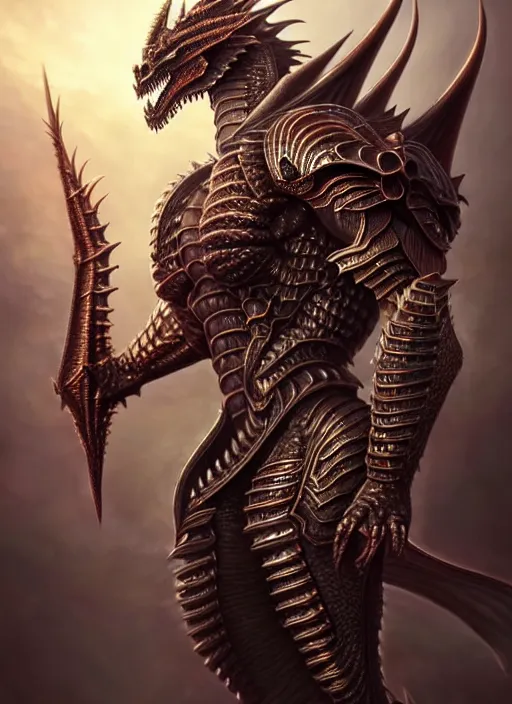 Prompt: muscular and tall humanoid dragon!!!! draconian!! intricate ornate iridescent heavy armor!! character concept art, sharp focus, octane render! unreal engine 5! highly rendered!! trending on artstation!! detailed linework!! illustration by artgerm, wlop, and chie yoshii