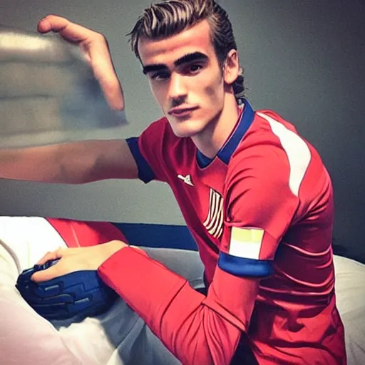 Image similar to “ a realistic detailed photo of a guy who is an attractive humanoid who is half robot and half humanoid, who is a male android, soccer player antoine griezmann, shiny skin, posing like a statue, blank stare, on the bed, on display ”