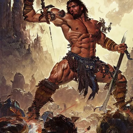 Prompt: muscular male barbarian fighting the world, intricate details, large sword, smoke and fire, by Stanley Artgerm Lau, by greg rutkowski, by thomas kindkade, by alphonse mucha, loish, by norman rockwell J.