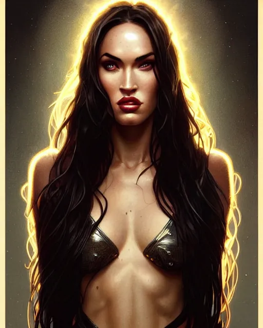 Image similar to portrait of megan fox with sultry face expression, ligh shining from glowing eyes, intricate, headshot, highly detailed, digital painting, artstation, concept art, sharp focus, cinematic lighting, illustration, art by artgerm and greg rutkowski, alphonse mucha, cgsociety