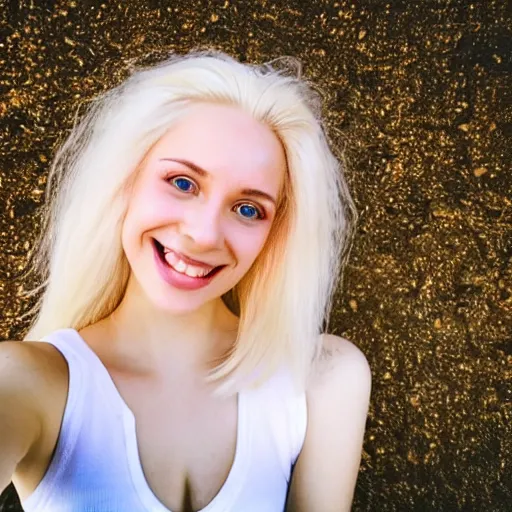 Image similar to beautiful selfie of a cute thin young woman smiling smugly, long light platinum blonde hair, flushed face, small heart - shaped face, cute freckles, light blue eyes, golden hour, 8 k, instagram