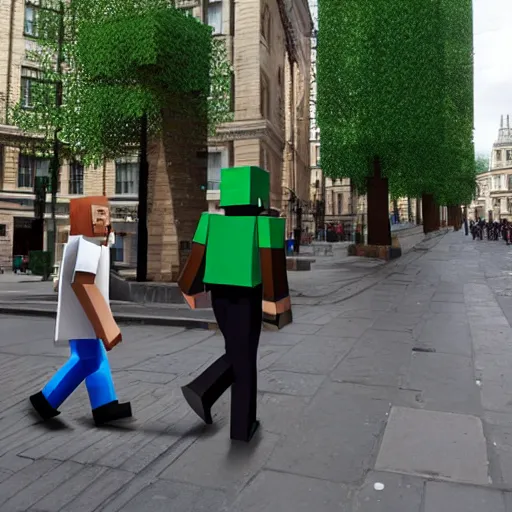 Image similar to photo of life like minecraft characters walking on london streets and scaring people