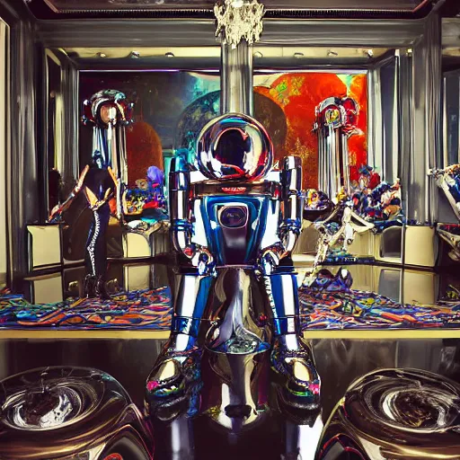 Prompt: architectural digest portrait photo, inside a futuristic ornate rococo bedroom made out of shiny reflective chrome and rubber and exotic woods, huge window showing a distant colorful planet, futuristic android with limbs made out of stretchy rubber tubing and latex mixed with shiny chrome gauntlets and chest piece and mask