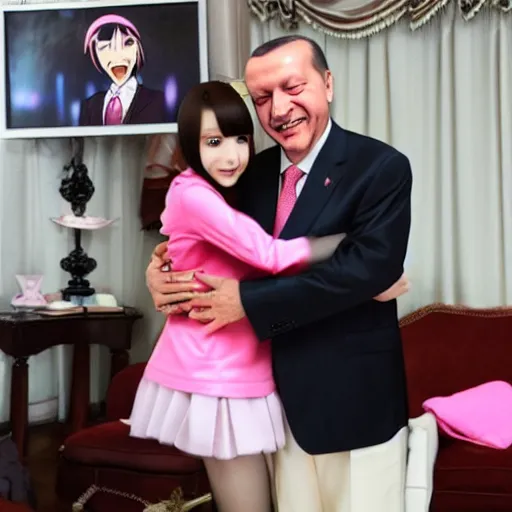 Image similar to realistic recep tayyip erdogan hugging pink anime girl with thigh highs and skirt, anime style,