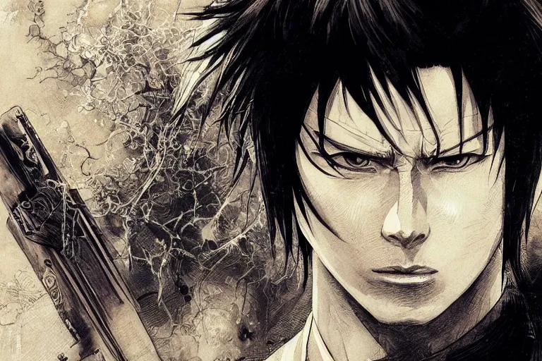 Image similar to hijikata toushirou, of gintama, black hair, character portrait, portrait, close up, concept art, intricate details, highly detailed by greg rutkowski, michael whelan and gustave dore