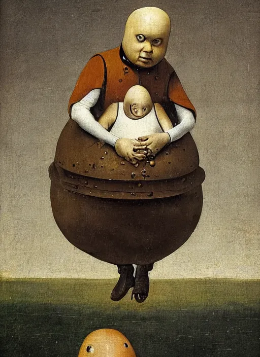 Prompt: full body detailed painting of silly round humpty dumpty with jack black facial expression, realistic, hieronymus bosch