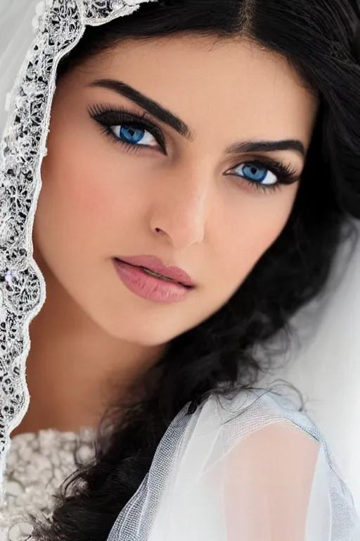 Image similar to Ameera al-Taweel, blue eyes, long wavy black hair, white veil, closeup, focus face