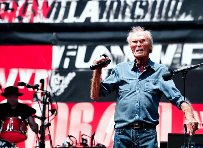 Image similar to photo still of clint eastwood on stage at vans warped tour!!!!!!!! at age 6 8 years old 6 8 years of age!!!!!!!! in a gran torino, 8 k, 8 5 mm f 1. 8, studio lighting, rim light, right side key light