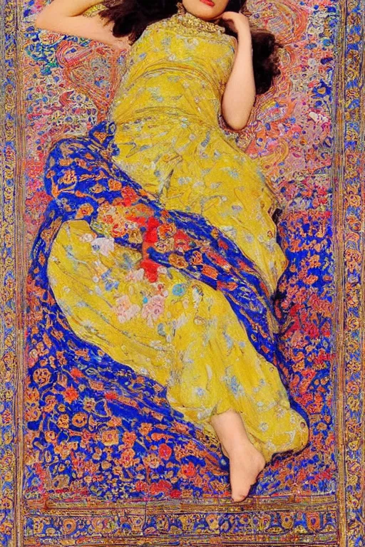 Prompt: gorgeous iranian girl wear detailed golden blue dress big tree palm pot and lay down on a detailed persian carpet, painting by john singer sargent