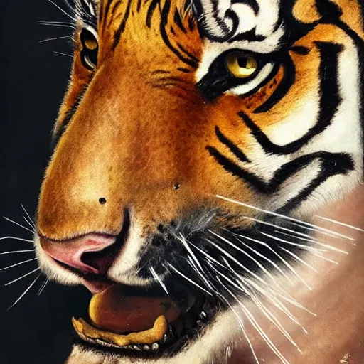 Image similar to a very high detailed tiger face on a strong human body, wearing a very detailed golden kings crow, tattoo on shoulder, standing in a highly detailed jungle, hyperrealistic, greg rutkowski, Nikolai Karelin, Hou China, trending artstation