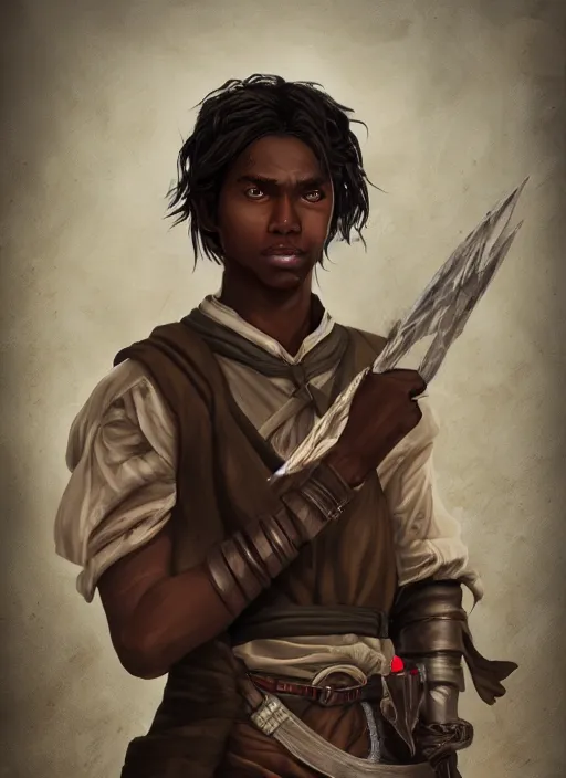 Prompt: An epic fantasy comic book style portrait painting of a young dark skinned long haired boy in plain peasant rags with intelligent eyes in the style of the wheel of time, unreal 5, DAZ, hyperrealistic, octane render, cosplay, RPG portrait, dynamic lighting