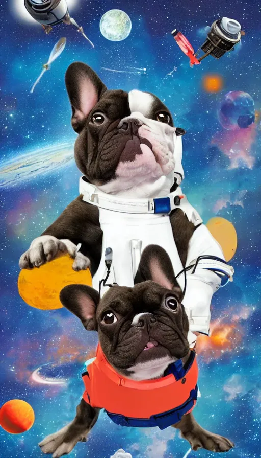 Prompt: movie poster of french bulldogs as astronauts, highly detailed, hyper realistic, large text, bright colours