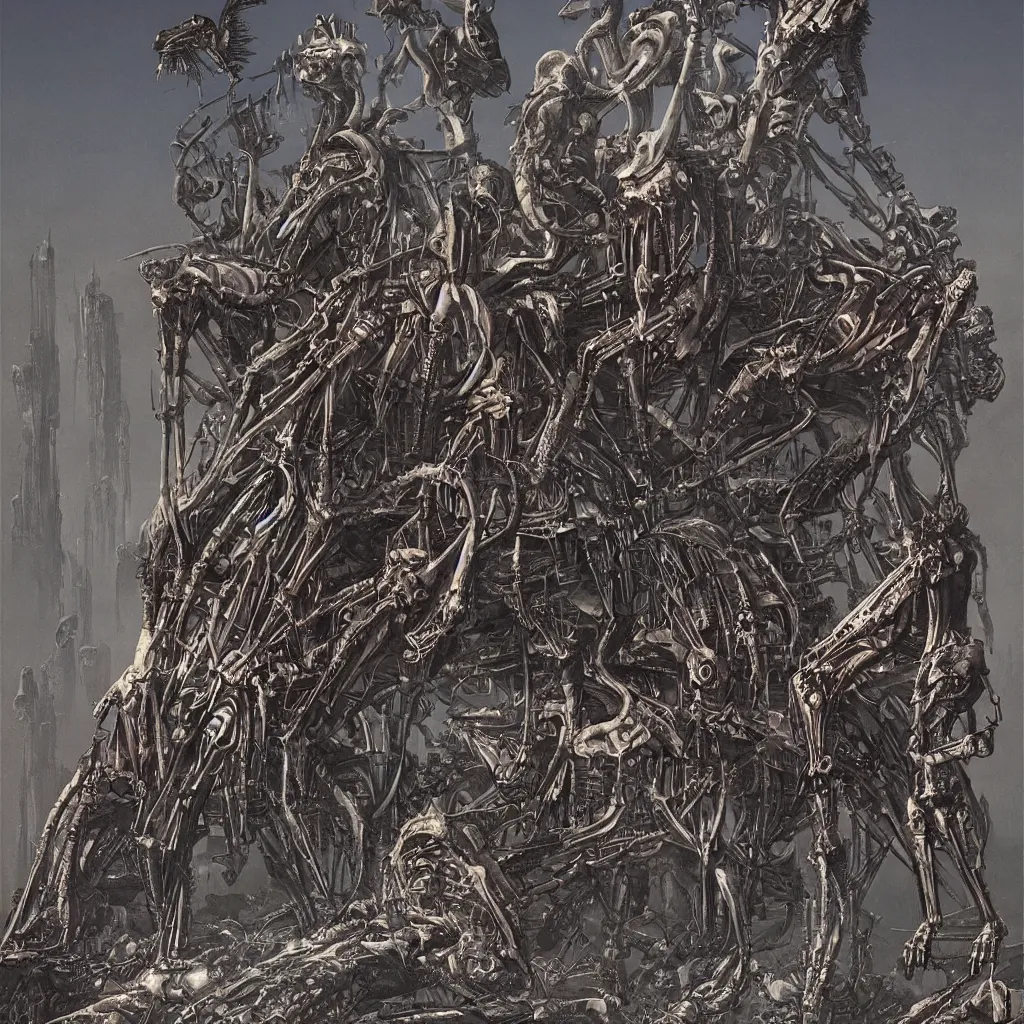 Image similar to metal album cover flaming chrome eagle skeleton wayne barlowe h. r. giger simon stalenhag