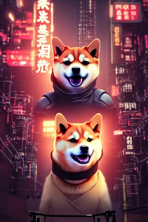 Image similar to high quality 3 d render very cute cyborg shiba inu plays drums, cyberpunk highly detailed, unreal engine cinematic smooth, in the style of blade runner & pixar, hannah yata charlie immer, moody light, low angle, uhd 8 k, sharp focus