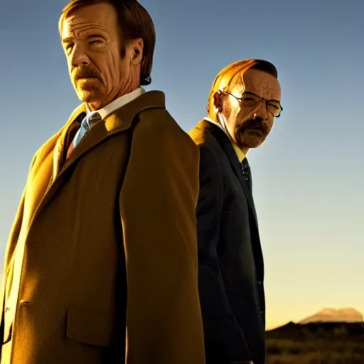 Prompt: epic cinematic photo of Walter white and saul Goodman tight portrait at dusk dramatic camera angle trending on Flickr