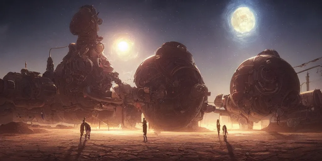 Prompt: anime spaceport in desert steampunk key by greg rutkowski night ultrahd fantastic details
