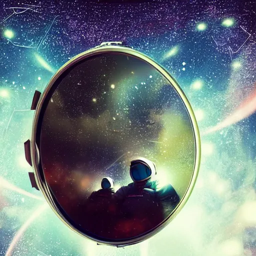 Image similar to portrait an astronaut looking into a mirror made of the Cosmos , subject in the center of the frame, wide angle shot, diffuse lighting, fantasy, intricate, elegant, highly detailed, lifelike, photorealistic, digital painting, illustration, concept art, smooth, sharp focus