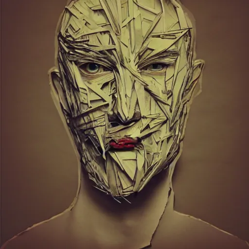 Image similar to face shredded like paper masks, horror, surreal, drawing, painting