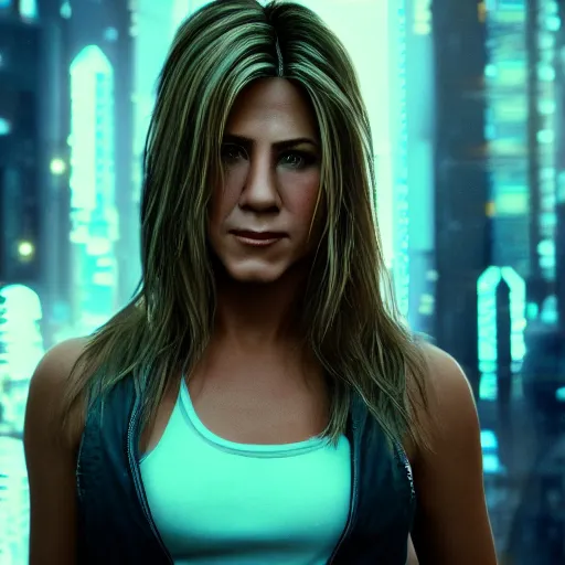 Prompt: young jennifer aniston portrait, Cyberpunk 2077, photorealistic, ultra detailed, cybernetic head, neon, octane, bokeh, 8k