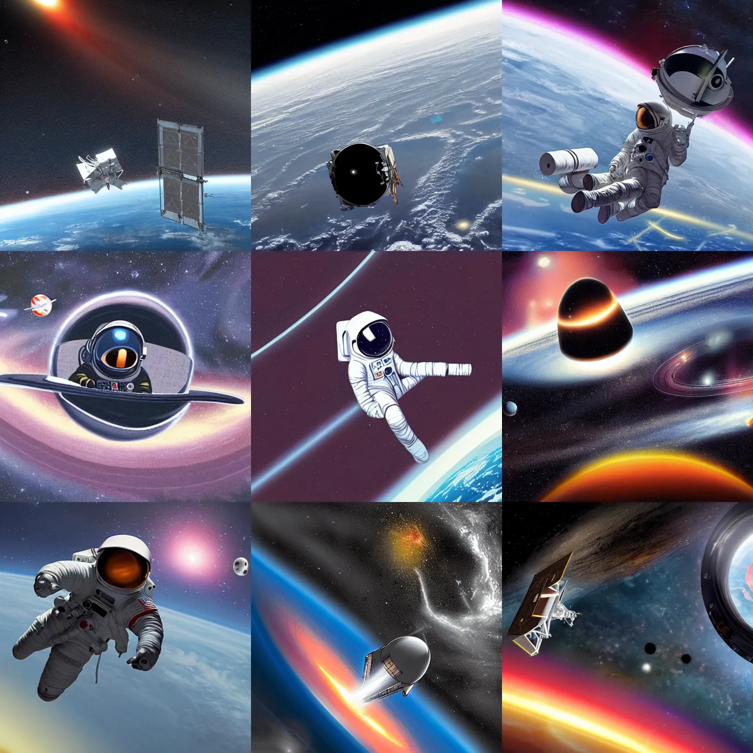 Prompt: An astronaut in orbit around a black hole, concept art by NASA