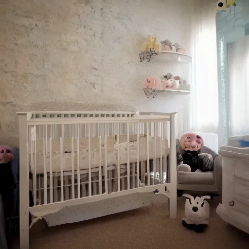 Image similar to creepy nursery liminal space, dark photograph