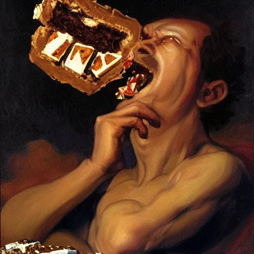 Image similar to saturn devouring a snickers chocolate bar, goya painting, in the style of goya and greg rutkowski, in the style of black paintings, 8 k, highly realistic