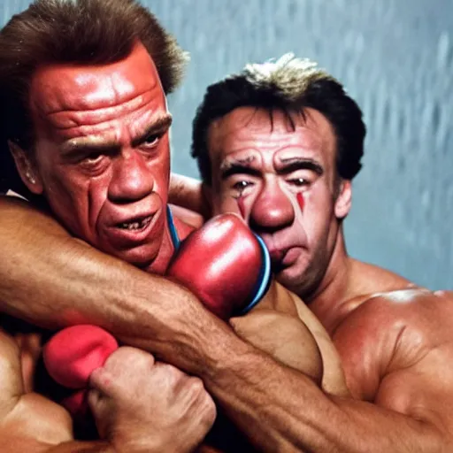 Prompt: UHD candid color photo of Joe Rogan holding Clown Arnold Schwarzenegger in a choke hold, accurate faces, UHD, photorealistic, correct faces, photo by Annie Leibowitz