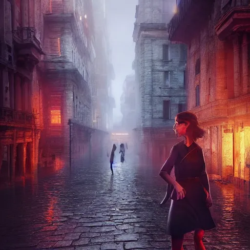 Image similar to maia sandu is walking on a city with ruins, heavy rain, late at night, mist, cinematic, highly detailed, powerful, cinematic, beautifully lit, high details, photorealistic. artstation trending, octane render, volumetric lighting, sharp focus, bokeh, digital painting by wlop, rossdraws