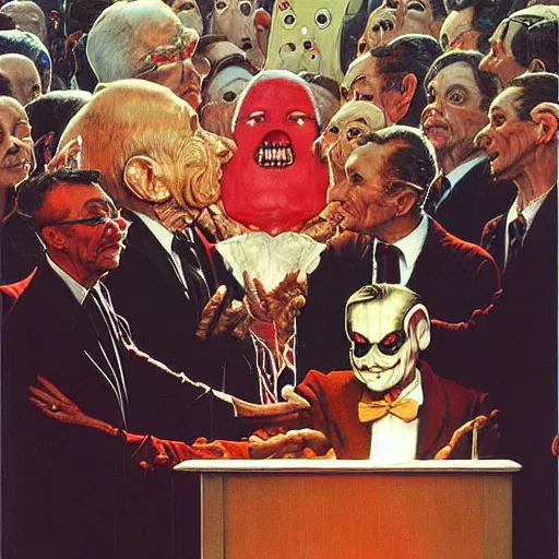 Prompt: Painting of the inauguration of Slappy (from Goosebumps) by Norman Rockwell & Zdzisław Beksiński