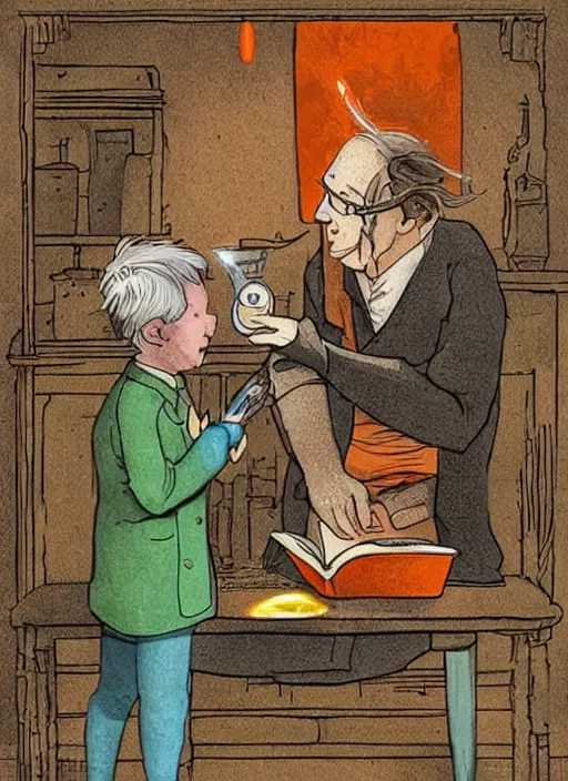 Image similar to a kind old British scientist is teaching his protégée about alchemy and magic from a mysterious orange book. The book has a glowing vial 🧪 on the cover.