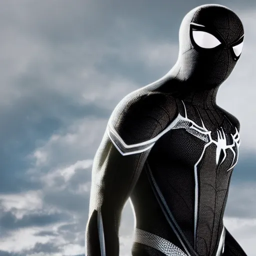 Image similar to black spider - man suit with white web lining, cinematic, volumetric lighting, realistic, hyperdetailed, photorealistic, photograph