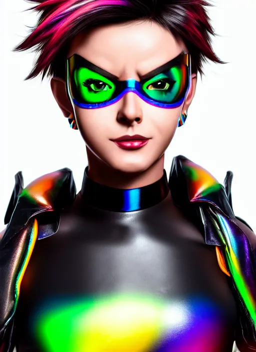 Image similar to hyperrealistic style portrait of tracer overwatch, confident pose, wearing black iridescent rainbow latex, rainbow, neon, 4 k, expressive happy smug expression, makeup, in style of mark arian, wearing detailed black leather collar, wearing sleek armor, black leather harness, expressive detailed face and eyes,