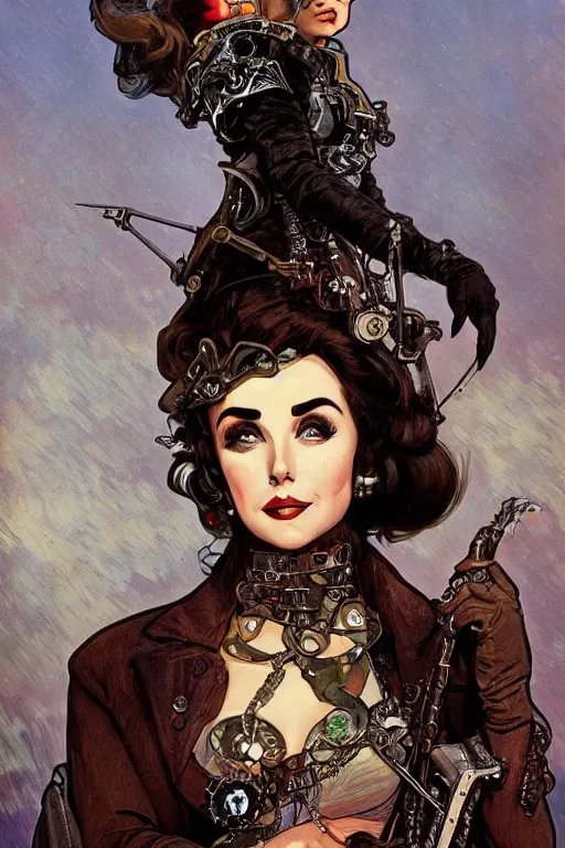 Image similar to evil elizabeth taylor steampunk half - cyborg cowgirl, pelt coats, high fantasy, dnd, smooth, sharp focus, illustration, highly detailed, digital painting, artstation, concept art, by alphonse mucha, frank fanzzeta, collectible card art