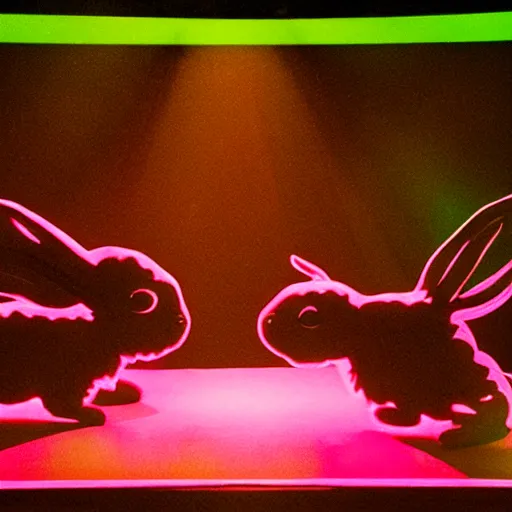 Image similar to two rabbits laying music on a stage with green and pink stage lights