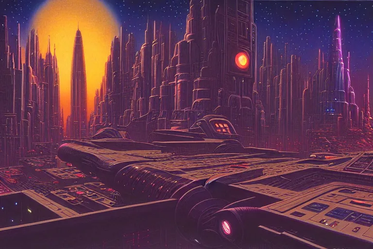 Prompt: a scifi illustration, Night City on Coruscant by tim hildebrandt