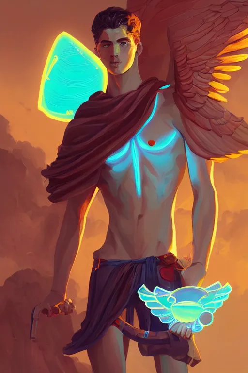 Image similar to the handsome greek god hermes, wearing winged helmet, holding glowing laptop computer, digital painting bioluminance alena aenami artworks in 4 k design by lois van baarle by sung choi by john kirby artgerm style pascal blanche and magali villeneuve