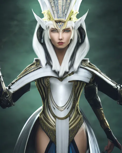 Image similar to perfect white haired attractive egyptian goddess, warframe armor, pharaoh headdress, beautiful, symmetric, dreamy, half asian, pretty face, green eyes, charlize theron, detailed, scifi platform, laboratory, experiment, 4 k, ultra realistic, epic lighting, android body, illuminated, cinematic, masterpiece, art by akihito tsukushi, voidstar