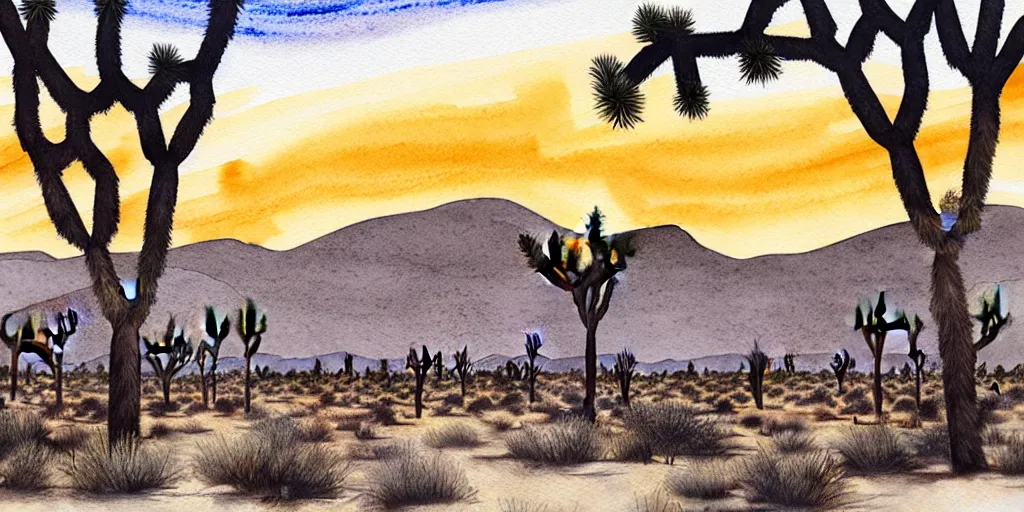 Image similar to hyper detailed Joshua tree desert watercolor painting, boho, mid century, modern, beige and Grey sunset, finely detailed, hd, 8k minimalism, edge to edge, 8k