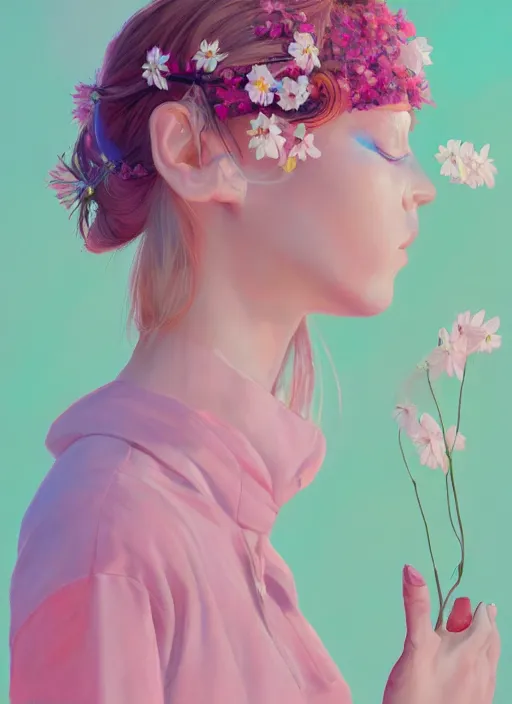 Prompt: photograph of still from music video, women wearing blindfold, flowers, street clothes, full figure portrait painting by martine johanna, ilya kuvshinov, rossdraws, pastel color palette, 2 4 mm lens