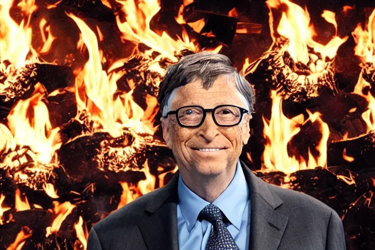 Prompt: Bill Gates standing in front of a wall of computers on fire, large flames, smoke