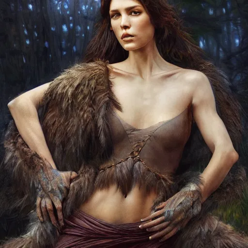 Image similar to of a beautiful brunette women intricate skin, fur, silicone cover, elegant, peaceful, full body, hyper realistic, extremely detailed, dnd character art portrait, fantasy art, intricate fantasy painting, dramatic lighting, vivid colors, deviant art, artstation, by edgar maxence and caravaggio and michael whelan and delacroix