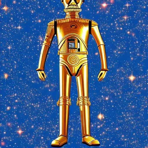 Image similar to entire body portrait of Simpson as C3PO in star wars, background blue sky puffy clouds cinematic 4k