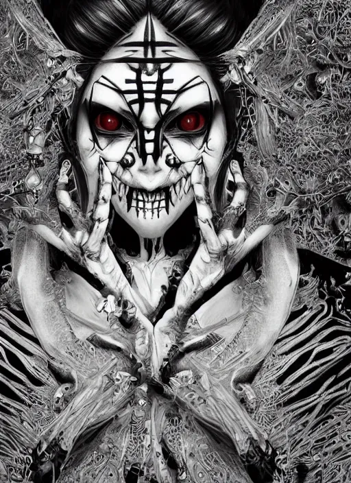 Image similar to digital _ painting _ of _ shinigami japanese horror black and white _ by _ filipe _ pagliuso _ and _ justin _ gerard _ symmetric _ fantasy _ highly _ detailed _ realistic _ intricate _ port