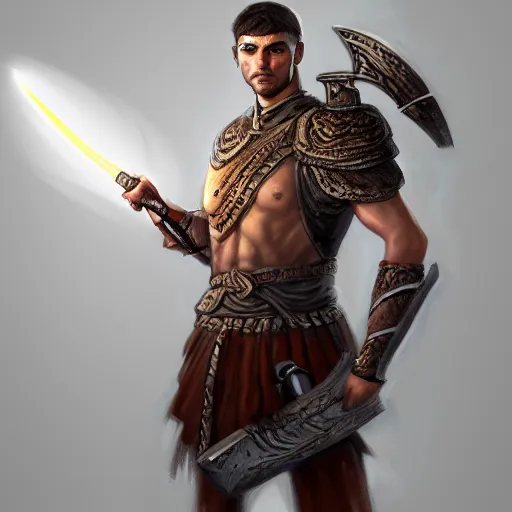 Image similar to portrait of an ancient roman warrior armed with a glowing-white sword D&D, fantasy, elegant, hopeful, cosmic, muscular, highly detailed, digital painting, artstation, concept art, smooth, sharp focus, illustration