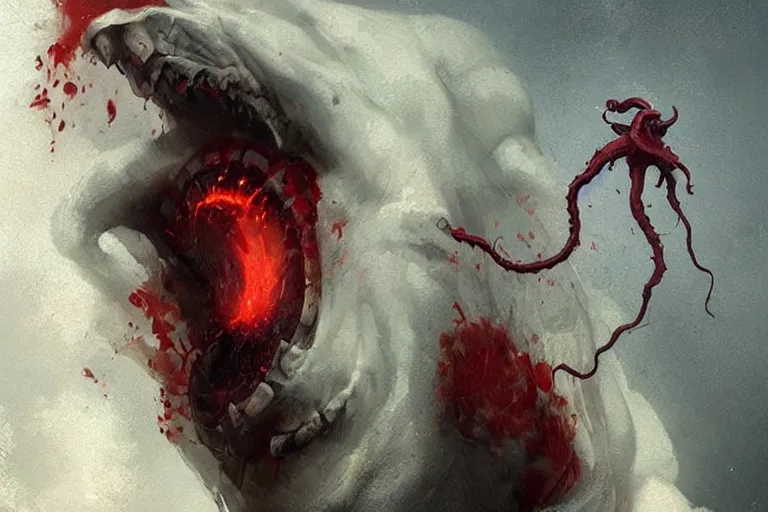 Image similar to painting by greg rutkowski of a flying crying!! human head and face that is chalk white in color, with tentacles coming of the neck, fiery!! red eyes, flying in a terrying hell like cavernous place