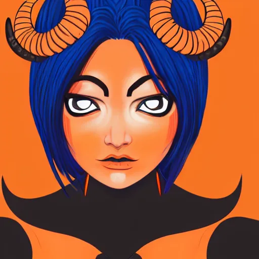 Prompt: illustrated portrait of ram-horned devil woman with blue bob hairstyle and colored orange skin tone and with solid black eyes and black sclera wearing leather by rossdraws